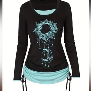 Black and Blue Moon and Sun -Long Sleeve Women's Top